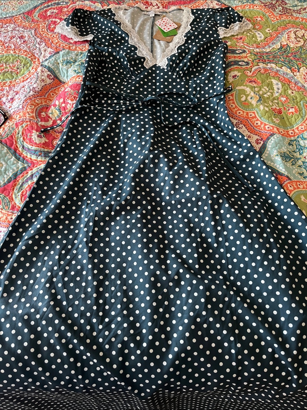 RIHOAS Navy Blue Polka Dot Maxi Dress with White Lace Trim